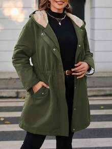 SHEIN PETITE CURVE Veste à capuche en polaire avec poche, grande taille - Militaire verte - Voir 4