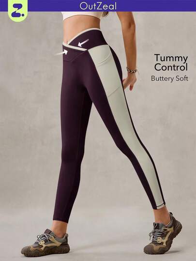 OutZeal 女士吸湿排汗柔软交叉腰侧口袋运动紧身裤日常休闲普拉提瑜伽