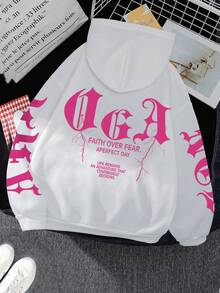 SHEIN EZwear 女式标语印花落肩长袖宽松连帽运动衫，休闲风格，毕业典礼，教师，返校套头衫秋季 - 白色 - 查看 2