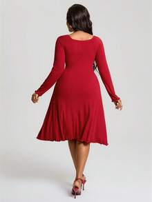 BrightlyHer Women's Solid Color Long Sleeve Fitted Plus Size Dress/Valentine's Day,Spring - Red - View 2