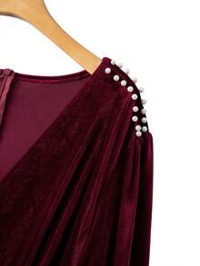 GlowEve CURVE Plus Size Women Elegant Christmas Red Beaded Velvet Long Sleeve Dress - Burgundy - View 5