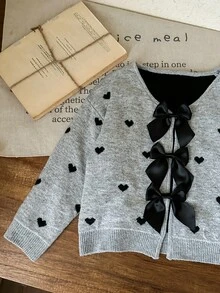 SHEIN LMoss Kids Áo len cardigan chấm bi nơ cho bé gái, dễ thương và đa năng, mùa thu/đông - Màu Xám nhạt - Xem 5