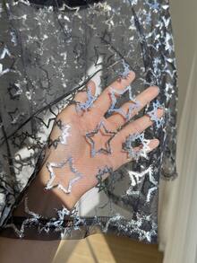 SHEIN Comfortcana 大码女式夏季假日派对 Y3k 西部星形网纱圆领短袖上衣 - 黑色 - 查看 6