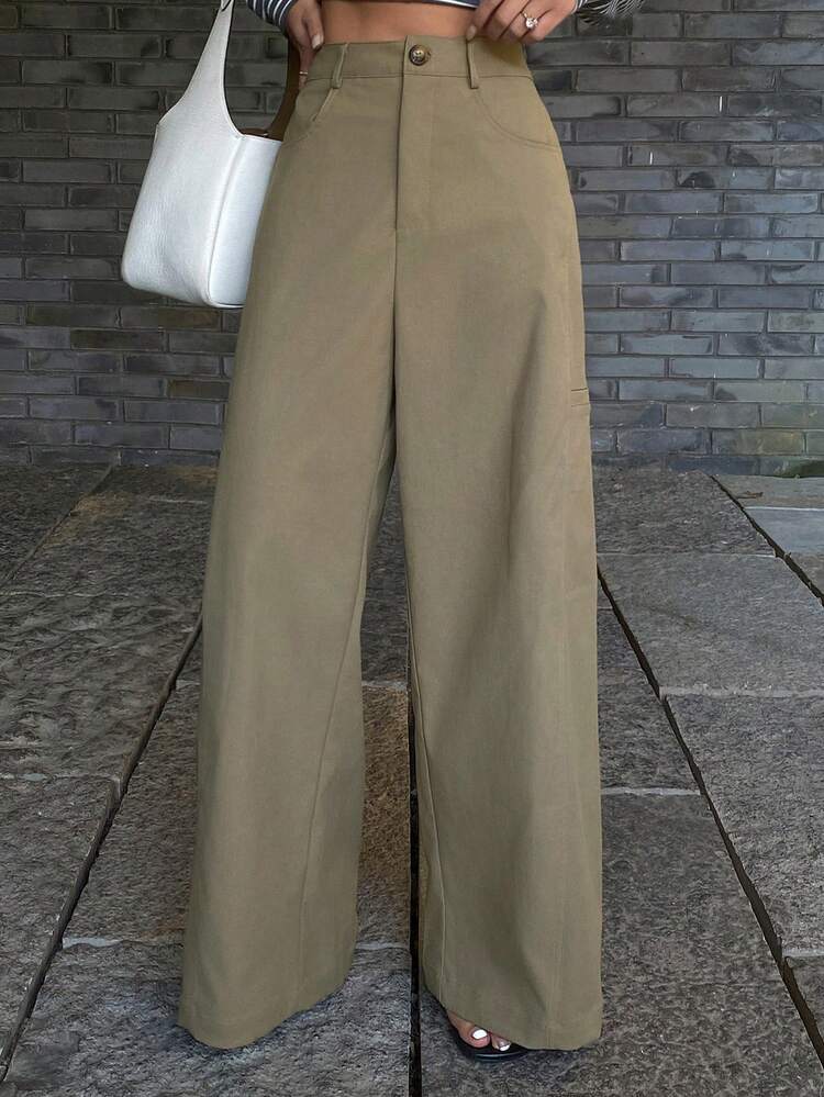 Women's Solid Color Straight Leg Cargo Pants, Casual Street Style, Spring/Autumn