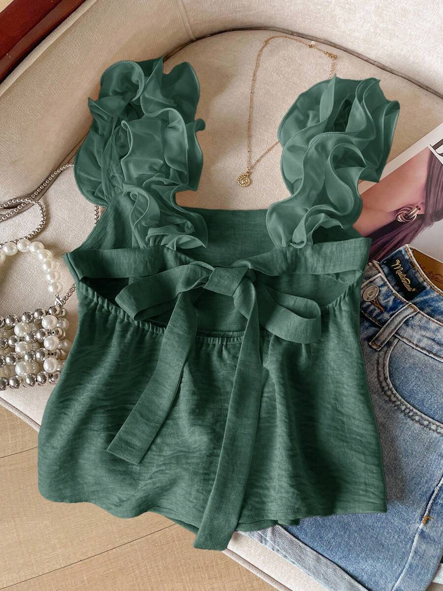 SHEIN Frenchy Áo hai dây buộc bèo nhún màu trơn thanh lịch, mùa hè - màu xanh lá - Xem 1