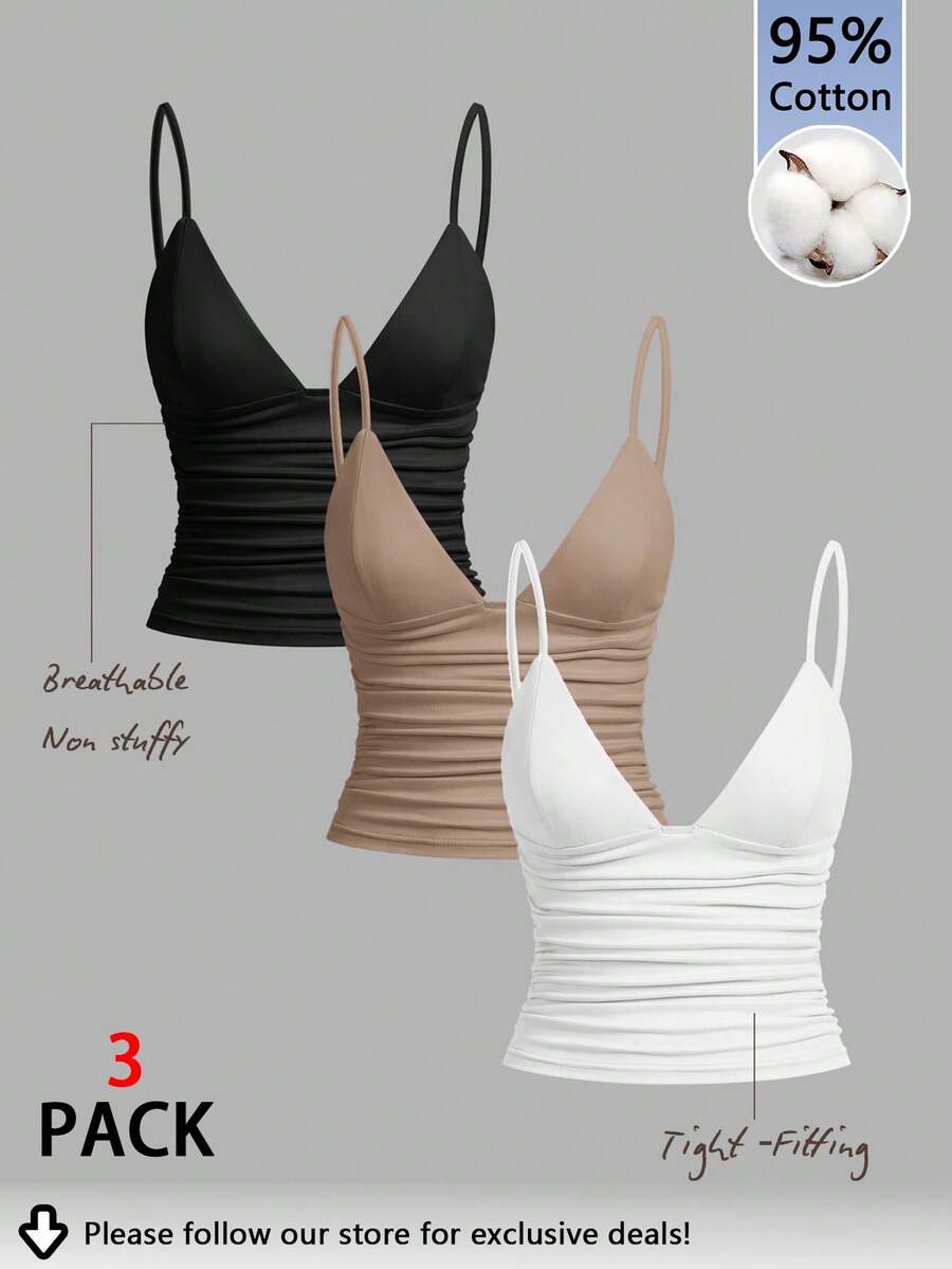 Tseoso 95% Cotton Black, White & Brown 3pcs/Set Women's Ruched Form-Fitting Spaghetti Strap Crop Tops - Summer & All-Season Activewear For Sports, Fitness, Gym, Dormitory, Soft Girl, Clean Girl, Back To School & Home Wear Beach - Multicolor - View 1