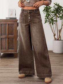 EMERY ROSE Women's Button Front Pocket Wide Leg Loose Casual Jeans
