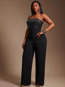 Radiana Bộ đồ liền thân lưới đính đá Rhinestone cỡ lớn mới dành cho nữ, trang phục dự tiệc gợi cảm - màu đen - Xem 5