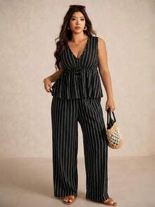 Elaquor 大码休闲度假条纹无袖A字衬衫裙和直筒休闲裤套装 - 黑色 - 查看 3