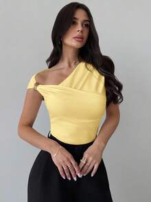 Firerie Women's Asymmetric Shoulder Wrap Ruched Waist Tight Fit T-Shirt, Elegant Modest Daily Commute, Spring/Summer - Pale Yellow - View 8