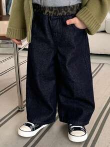 DAZY Toddler Boys' Waist Splicing Leopard Print Casual Retro Washed Blue Wide Leg Jeans - Royal Blue - View 5