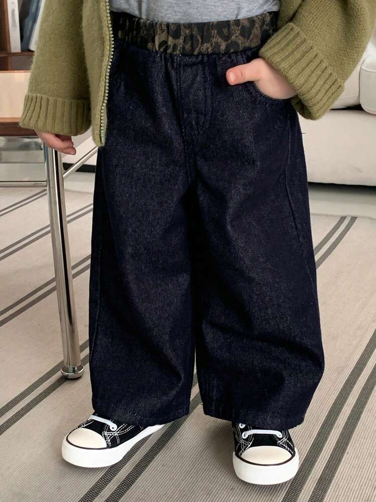 Toddler Boys' Waist Splicing Leopard Print Casual Retro Washed Blue Wide Leg Jeans