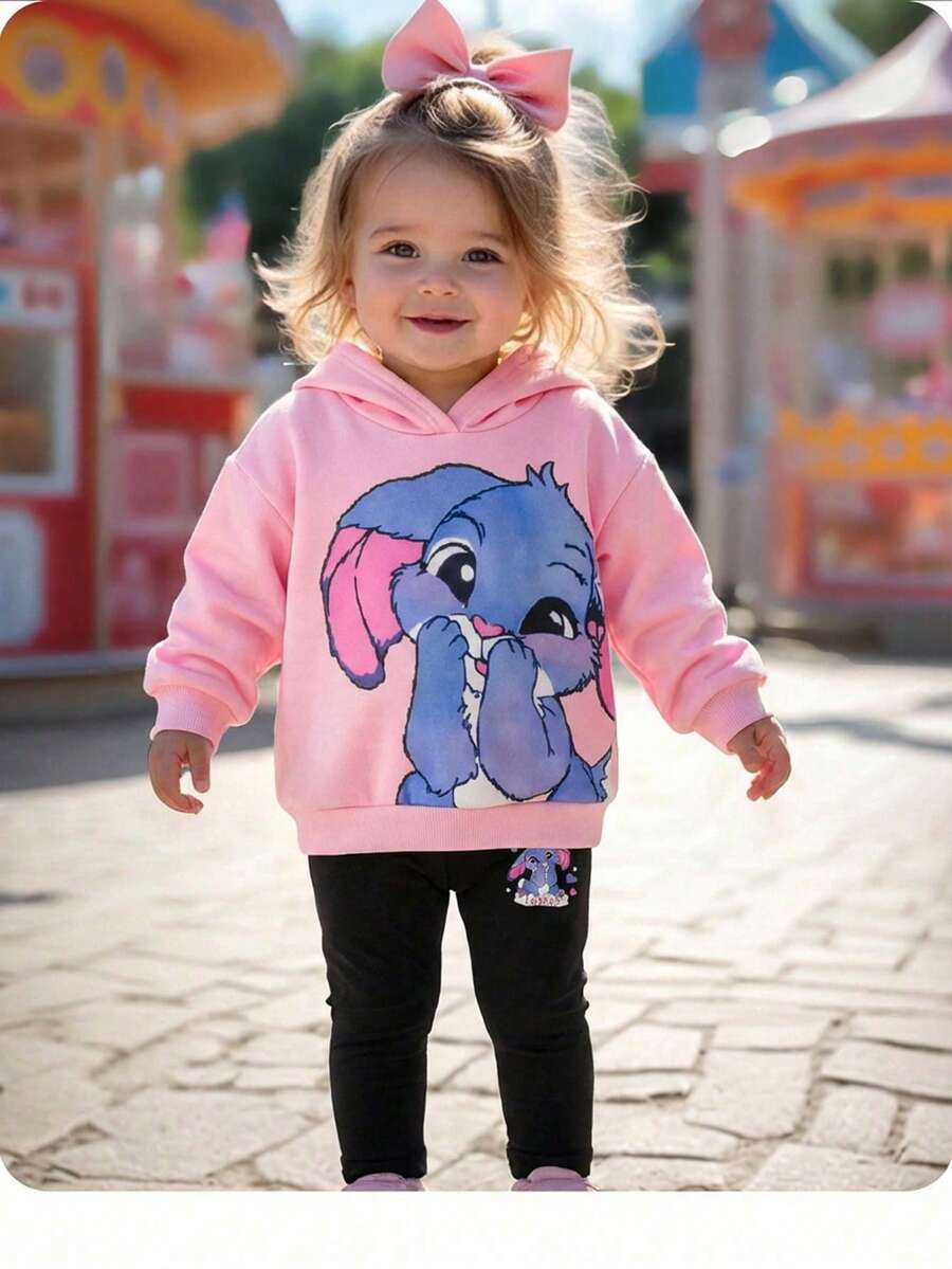 可爱卡通图案针织连帽衫套装，秋冬季休闲女婴服装，带帽动漫女婴服装，史迪奇图案女童服装 - 白色 - 查看 1