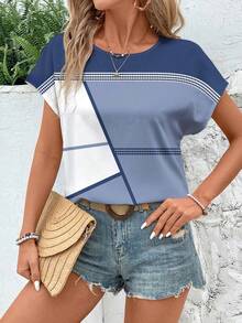 EMERY ROSE Women's Casual Minimalist Geometric Patchwork Loose Short Sleeve Round Neck Shirt, Suitable For Summer Suitable For Going Out Chic Blouses For Women - Multicolor - View 4