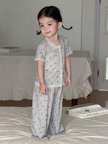 DAZY 2pcs Baby Girls' Allover Print Casual Long Sleeve T-Shirt And Pants Homewear Set - Grey - View 7