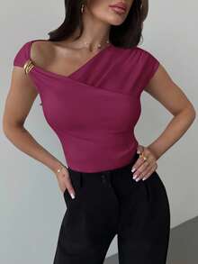 Firerie 女士不对称肩部裹身褶皱腰部紧身T恤，优雅得体，适合日常通勤，春夏款 - 中紫紅色 - 查看 3