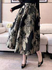 DAZY 女士花卉提花褶裥优雅半身裙 - 黑色 - 查看 2