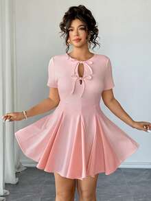 Elenzga Plus Size Dusty Pink Summer Elegant Wedding Guest Mini Dress,Sweet & Spicy Tie-Front Hollow-Out Waist Cinching Pink Bow Dress,Patchwork Skirt Hem - Pink - View 1