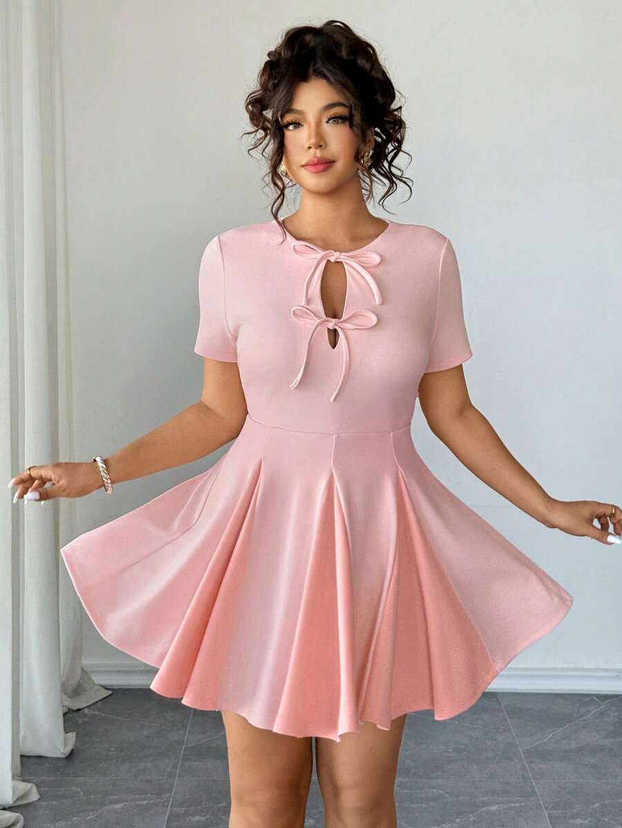 Elenzga Plus Size Dusty Pink Summer Elegant Wedding Guest Mini Dress,Sweet & Spicy Tie-Front Hollow-Out Waist Cinching Pink Bow Dress,Patchwork Skirt Hem - Pink - View 1