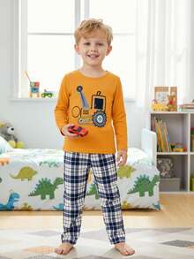 Young BoyOrange Crew Neck Long Sleeve Top With Construction Vehicle Print, Paired With Blue & White Plaid Loose Fit Knit Pants, Comfortable 2-Piece Pajama Set - Multicolor - View 1
