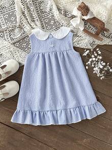 SHEIN Váy không tay cổ Peter Pan họa tiết kẻ sọc dễ thương, màu sắc tương phản dành cho bé gái, thích hợp cho các buổi đi chơi mùa xuân/hè, tụ tập, tiệc tùng, kỳ nghỉ và mặc hàng ngày - Màu xanh lam - Xem 2