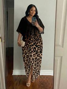 SHEIN Lady Đầm suông họa tiết da báo cổ chữ V tay dài màu trơn rộng rãi phong cách ngày lễ thường ngày - Nhiều màu - Xem 1