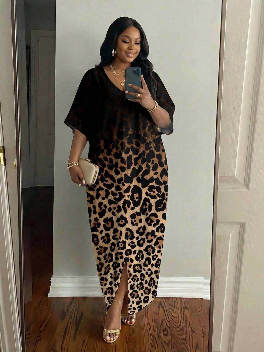 SHEIN Lady Đầm suông họa tiết da báo cổ chữ V tay dài màu trơn rộng rãi phong cách ngày lễ thường ngày - Nhiều màu - Xem 1