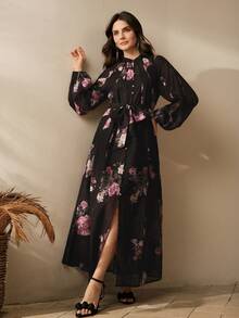 春季、夏季、优雅、度假、约会之夜、花卉图案 Anewsta 女士度假花卉印花灯笼袖优雅连衣裙 - 黑色 - 查看 7