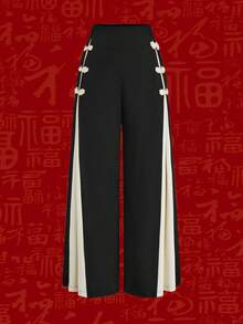 Franclia 大码女式法式休闲优雅提花七分裤，秋冬款 - 黑色 - 查看 3