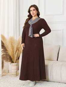 Lacomfia Women's Brushed Plaid V-Neck Long Sleeve Comfortable Casual Dress, Suitable For Home, Leisure And Outings, Simple And Elegant - Brown - View 5