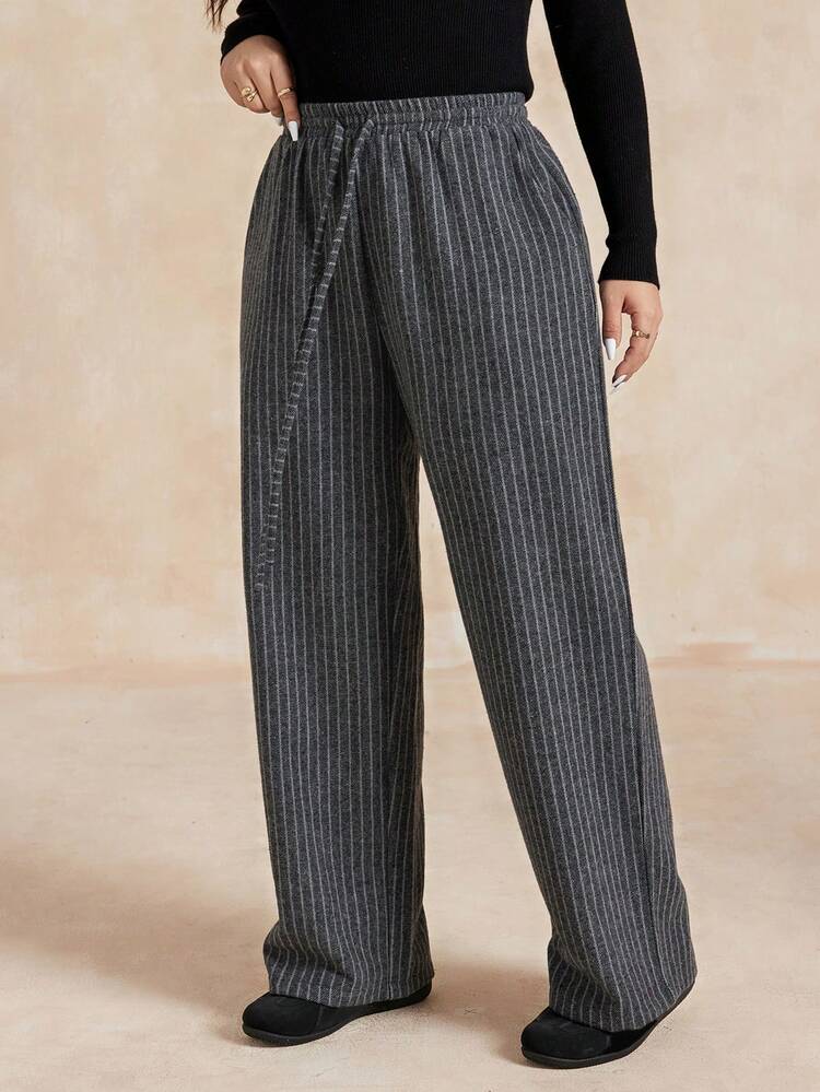 Dazy Plus Elastic Waist Loose Striped Drawstring Tie Waist Plus Size Women's Long Casual Pants, Spring/Autumn - Dark Grey - View 5