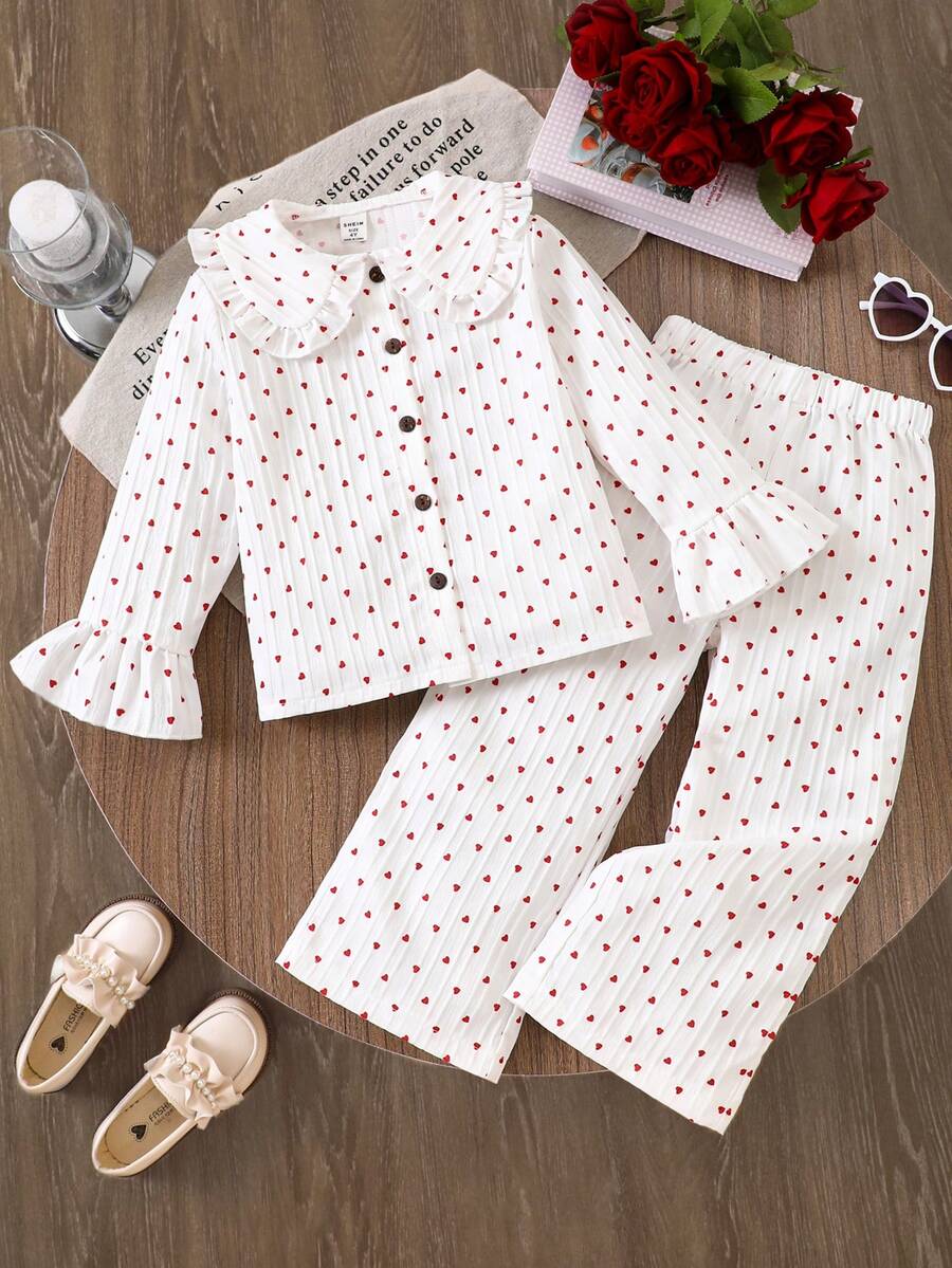 2pcs/Set Toddler Girls' Heart Print Ruffle Collar Long Sleeve Cardigan Top And Pants Set,Cute Vintage Style Shirt For Autumn,Family Matching Outfit - White - View 1