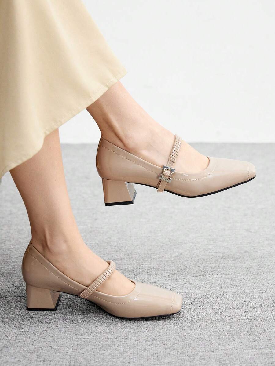 CUCCOO BIZCHIC Women's Square Toe Buckle Design Fashionable High Heels, Versatile For Daily Wear - Apricot - View 1