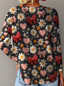 女士情人节爱心花卉印花长袖T恤 - 彩色 - 查看 2