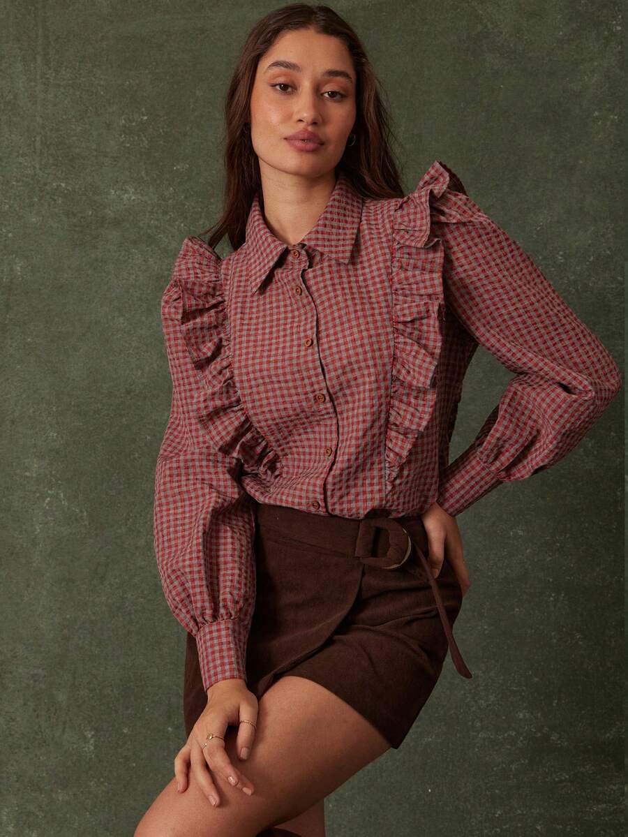 WESTFADE Collared Button Front Ruffle Long Sleeve Cotton Blend Checkered Plaid Shirt Cute Fall Tops, Casual Cowgirl Clothes, Fall, Autumn, Boho, Winter, Country Concert, Western Wear For Women - Burgundy - View 1