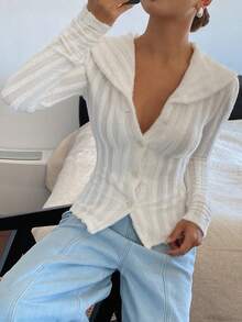 DAZY قميص كاجوال بأكمام طويلة وياقة للنساء من قماش ذو ملمس نسيجي وقصة ضيقة - بيج - مشاهدة 6