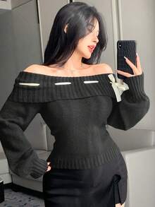 DAZY 女士春季情人节露肩针织缎带交织蝴蝶结装饰可爱长袖毛衣 - 深灰色 - 查看 4