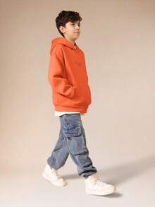 Áo hoodie SUMWON dành cho bé trai, có chữ viết tay, túi giữa và logo thêu, thích hợp mặc thường ngày hoặc đi nghỉ mát. - trái cam - Xem 3