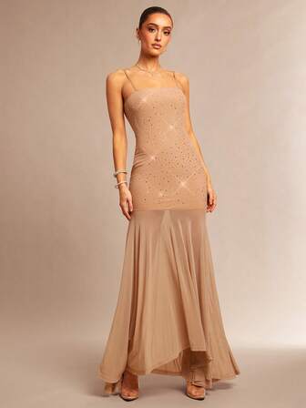 Silquee Vestido elegante de tirantes finos con adornos de strass y bajo de cola de pez de unicolor para mujer