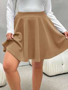 SHEIN Essnce Fustă neagră A-line pentru femei, mărime plus, toamna și iarna, la modă, casual, confortabilă, de bază, versatilă, de zi cu zi, cu fund de femeie, fustă curbată - Kaki - Vizualizare 7