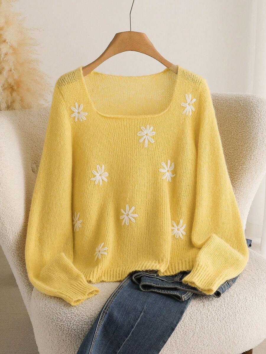CosyJoli كنزة صوفية كاجوال فضفاضة بنمط زهور الأقحوان للنساء ذوات الحجم الكبير باللون الأصفر في فصلي الخريف والشتاء - أصفر - مشاهدة 1