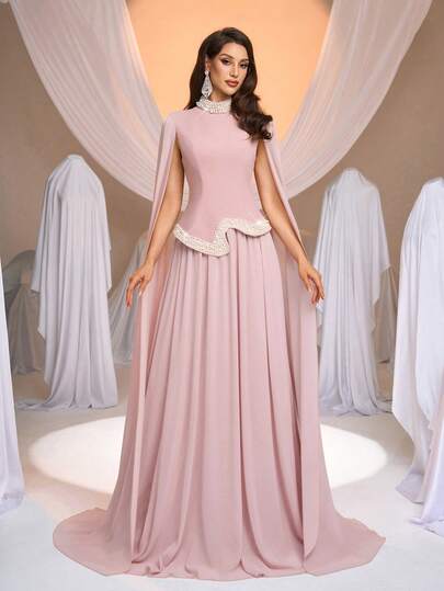 Aureia Elegant, Romantic, Fashionable, Dignified Lotus Root Pink Elastic Fabric Chiffon Hem Pearl Decor High-Low A-Line Elegant Party Dress, Wedding Guest Dress, Pink Dress, Fashionable Elegant Wedding Guest Formal Evening Gown
