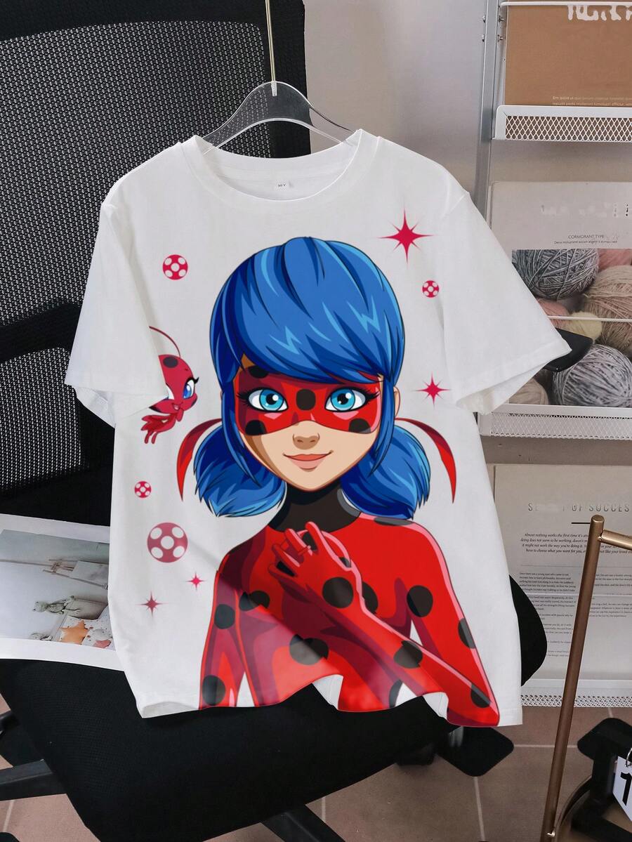 Miraculous Ladybug X SHEIN 少女休闲卡通图案圆领短袖T恤，夏季 - 白色 - 查看 1