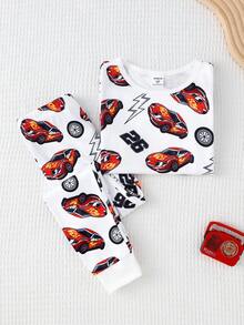 2pcs Young BoyMinimalist Cartoon Car Print Snug Fit Long Sleeve Pajama Set, Soft & Comfortable Sleepwear