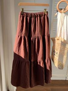 SHEIN EZwear 素色荷葉邊半身裙 - 咖啡棕 - 查看 2