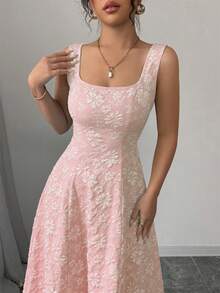 Vestido elegante vintage de cuello cuadrado con estampado jacquard para mujer,Diseño sin mangas,Vestido con relieve floral,Vestido elegante para mujer - Rosa - Ver 3