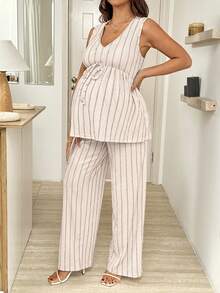 SHEIN 2 Stücke Umstandsmode gestreiftes lässiges ärmelloses Top und Hosen Set