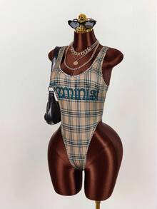 Amplova Women's Low-Cut Bodysuit With Plaid Pattern, Slogan, Distressed Finish, Sexy And Avant-Garde Backless Design - Multicolor - View 5