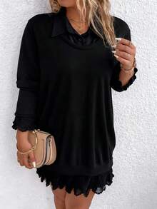 EMERY ROSE Sudadera informal de talla grande con parches de encaje de unicolor, otoño - Negro - Ver 7