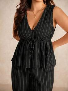 Elaquor 大码休闲度假条纹无袖A字衬衫裙和直筒休闲裤套装 - 黑色 - 查看 5